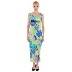 Cosmos Flowers Blue Fitted Maxi Dress by DinkovaArt