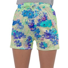 Cosmos Flowers Blue Sleepwear Shorts by DinkovaArt