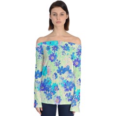 Cosmos Flowers Blue Off Shoulder Long Sleeve Top by DinkovaArt