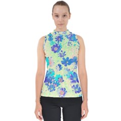 Cosmos Flowers Blue Mock Neck Shell Top by DinkovaArt