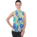 Cosmos Flowers blue Mock Neck Chiffon Sleeveless Top View1