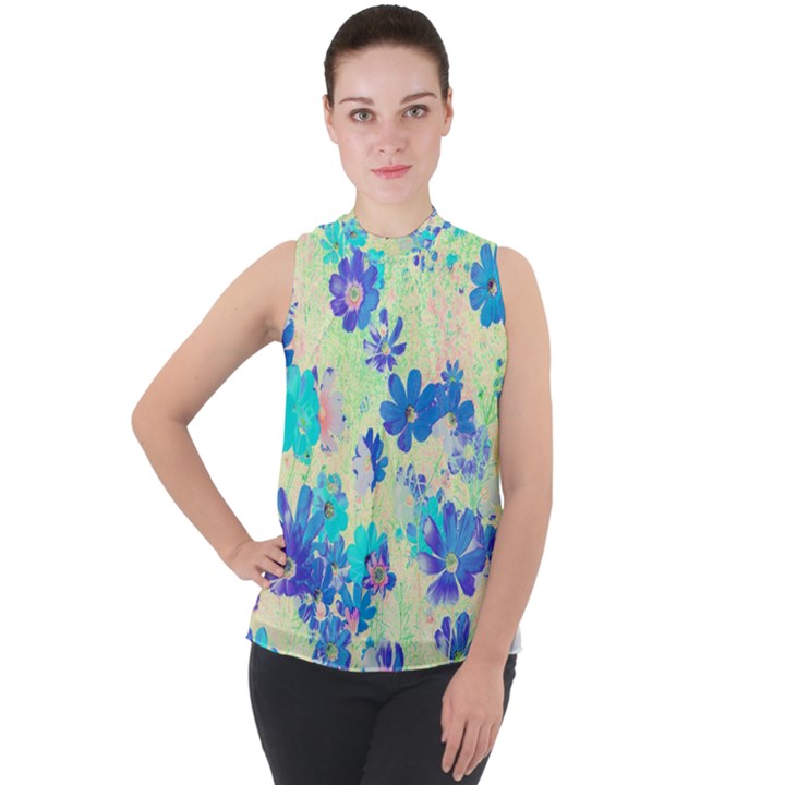 Cosmos Flowers blue Mock Neck Chiffon Sleeveless Top