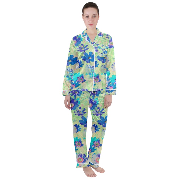 Cosmos Flowers blue Satin Long Sleeve Pyjamas Set