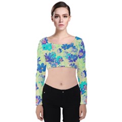 Cosmos Flowers Blue Velvet Long Sleeve Crop Top by DinkovaArt