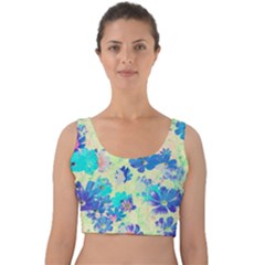 Cosmos Flowers Blue Velvet Crop Top by DinkovaArt