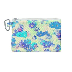 Cosmos Flowers Blue Canvas Cosmetic Bag (medium) by DinkovaArt