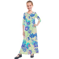 Cosmos Flowers Blue Kids  Quarter Sleeve Maxi Dress by DinkovaArt