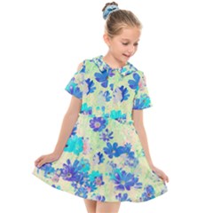 Cosmos Flowers Blue Kids  Short Sleeve Shirt Dress by DinkovaArt