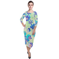 Cosmos Flowers Blue Quarter Sleeve Midi Velour Bodycon Dress by DinkovaArt