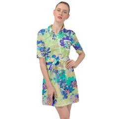 Cosmos Flowers Blue Belted Shirt Dress by DinkovaArt