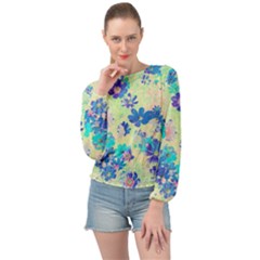 Cosmos Flowers Blue Banded Bottom Chiffon Top by DinkovaArt