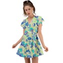 Cosmos Flowers blue Flutter Sleeve Wrap Dress View1