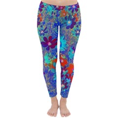 Cosmos Flowers Blue Red Classic Winter Leggings by DinkovaArt