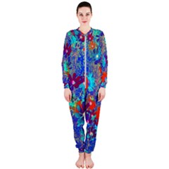 Cosmos Flowers Blue Red Onepiece Jumpsuit (ladies)  by DinkovaArt