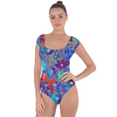 Cosmos Flowers Blue Red Short Sleeve Leotard  by DinkovaArt