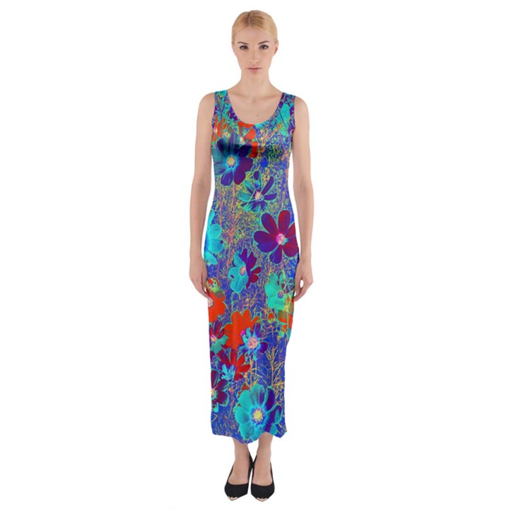 Cosmos Flowers Blue Red Fitted Maxi Dress