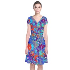 Cosmos Flowers Blue Red Short Sleeve Front Wrap Dress by DinkovaArt