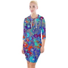 Cosmos Flowers Blue Red Quarter Sleeve Hood Bodycon Dress by DinkovaArt