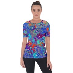 Cosmos Flowers Blue Red Shoulder Cut Out Short Sleeve Top by DinkovaArt