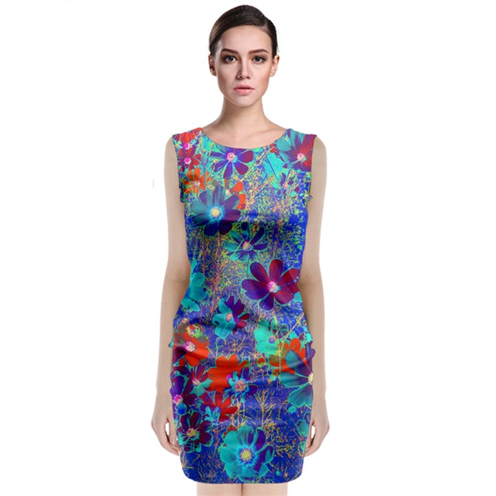 Cosmos Flowers Blue Red Sleeveless Velvet Midi Dress