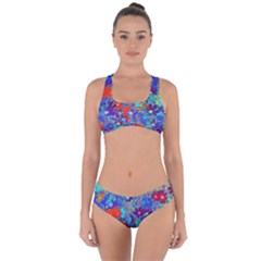 Cosmos Flowers Blue Red Criss Cross Bikini Set by DinkovaArt