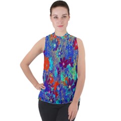 Cosmos Flowers Blue Red Mock Neck Chiffon Sleeveless Top by DinkovaArt