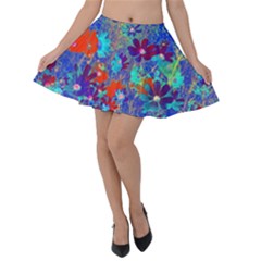 Cosmos Flowers Blue Red Velvet Skater Skirt by DinkovaArt