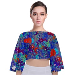 Cosmos Flowers Blue Red Tie Back Butterfly Sleeve Chiffon Top by DinkovaArt