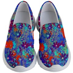 Cosmos Flowers Blue Red Kids Lightweight Slip Ons by DinkovaArt