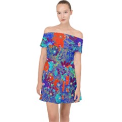 Cosmos Flowers Blue Red Off Shoulder Chiffon Dress by DinkovaArt