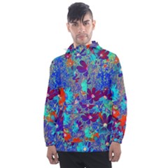 Cosmos Flowers Blue Red Men s Front Pocket Pullover Windbreaker by DinkovaArt