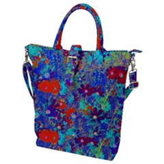 Cosmos Flowers Blue Red Buckle Top Tote Bag by DinkovaArt