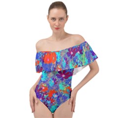 Cosmos Flowers Blue Red Off Shoulder Velour Bodysuit 