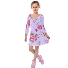 Cosmos Flowers Pink Kids  Long Sleeve Velvet Dress