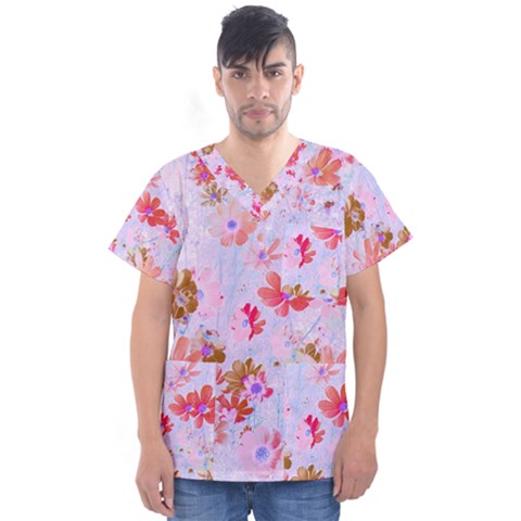 Cosmos Flowers Pink Men s V-neck Scrub Top by DinkovaArt