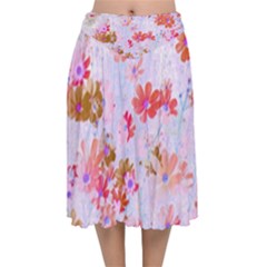 Cosmos Flowers Pink Velvet Flared Midi Skirt by DinkovaArt