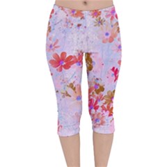 Cosmos Flowers Pink Velvet Capri Leggings  by DinkovaArt