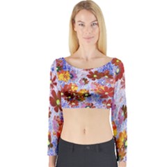 Cosmos Flowers Brown Long Sleeve Crop Top by DinkovaArt