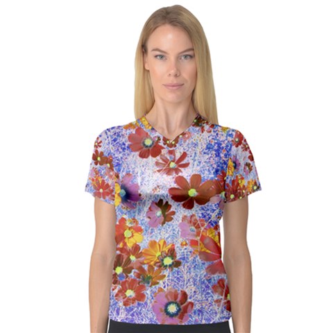 Cosmos Flowers Brown V-neck Sport Mesh Tee by DinkovaArt