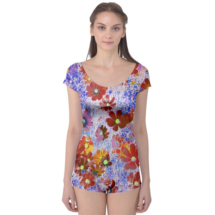 Cosmos Flowers Brown Boyleg Leotard 