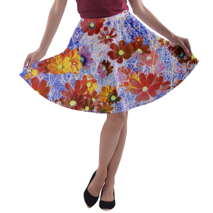 Cosmos Flowers Brown A-line Skater Skirt