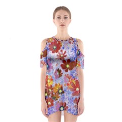 Cosmos Flowers Brown Shoulder Cutout One Piece Dress by DinkovaArt