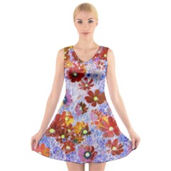 Cosmos Flowers Brown V-neck Sleeveless Dress by DinkovaArt