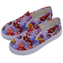 Cosmos Flowers Brown Kids  Canvas Slip Ons by DinkovaArt