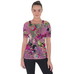 Cosmos Flowers Dark Red Shoulder Cut Out Short Sleeve Top