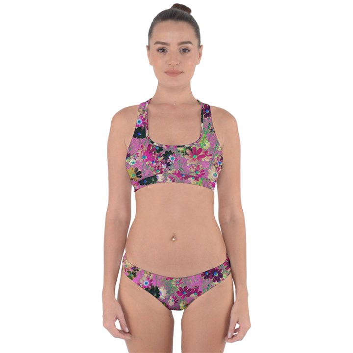 Cosmos Flowers Dark Red Cross Back Hipster Bikini Set