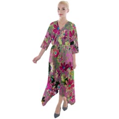 Cosmos Flowers Dark Red Quarter Sleeve Wrap Front Maxi Dress