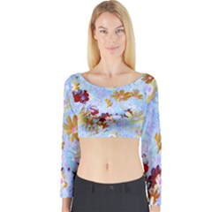 Cosmos Flowers Ligh Blue Long Sleeve Crop Top by DinkovaArt