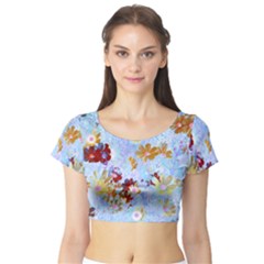 Cosmos Flowers Ligh Blue Short Sleeve Crop Top by DinkovaArt