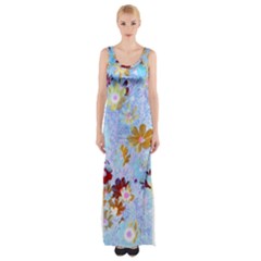 Cosmos Flowers Ligh Blue Thigh Split Maxi Dress by DinkovaArt